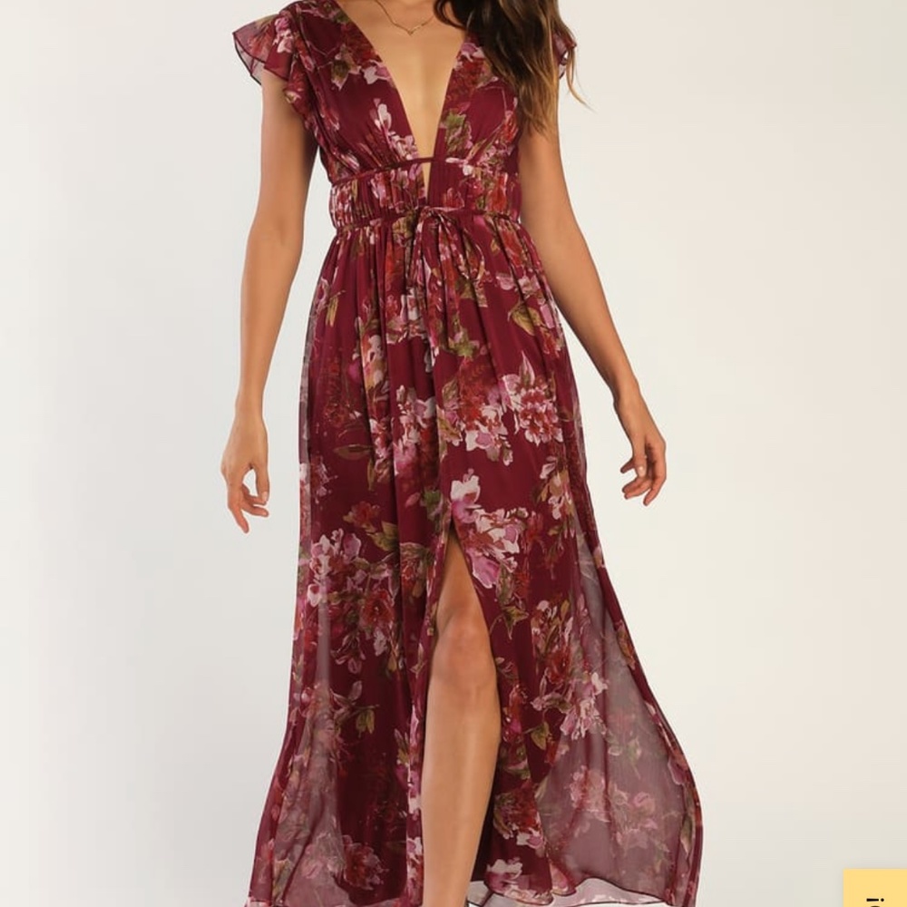 Lulus I’m All Yours Burgundy Floral Ruffle Maxi Dress
